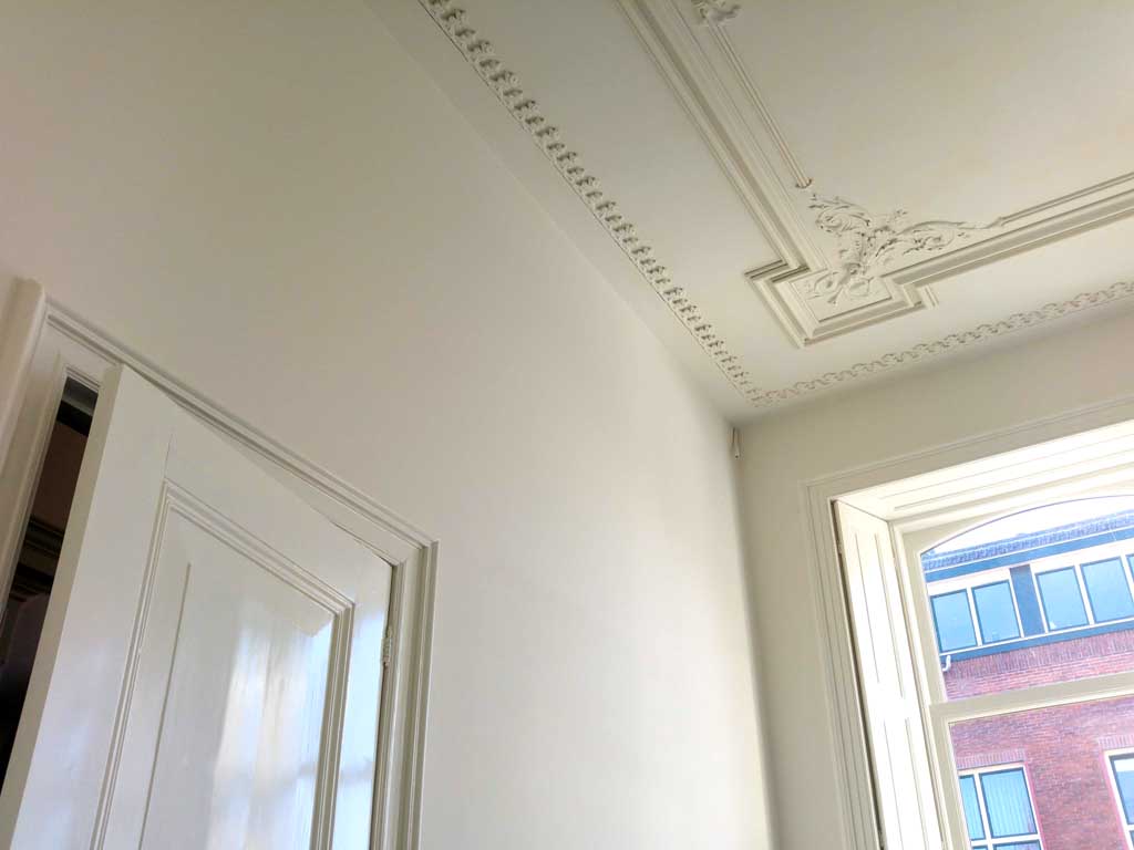 Strak binnenschilderwerk met ornamenten plafond